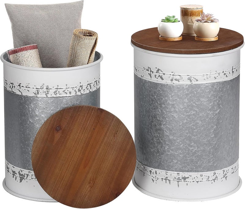RUSTOWN Farmhouse Accent Side Table, Rustic Storage Ottoman Seat Stool, Galvanized Antique Metal End Table Box Bin with Round Wood Lid, Coffee or Cocktail Table, Nesting Pieces Two (White Distressed) - Image 1